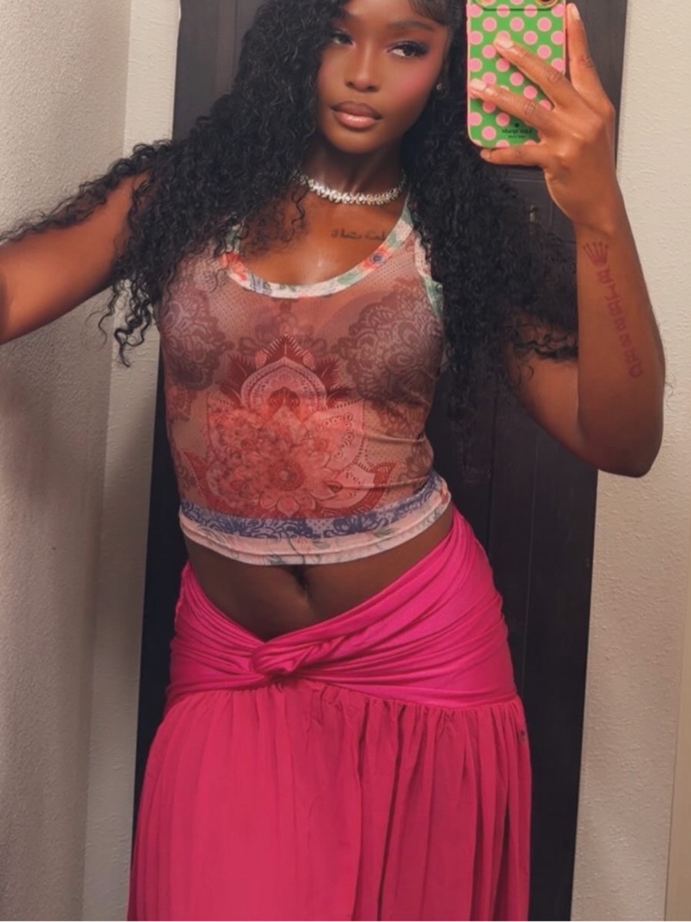 Fashion Nova Pink Floral Mesh Tank with Hot Pink Maxi Skirt